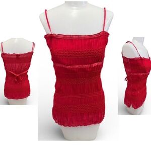 Vanity Size M Medium Red Smocked Ruched Spaghetti Strap Cami Top Sequin